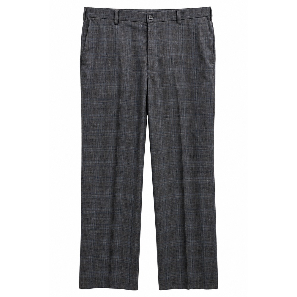 Haband Fit-Forever Mens Grey Blue Plaid Dress Pants 40x30 Flat Front Trousers
